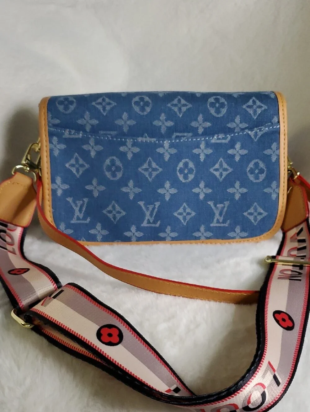 Blue Monogram Denim Crossbody with Tan Trim and Pink Accent Strap